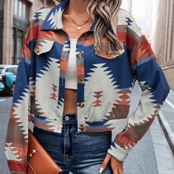 Tribal Western Print Button Down Oversized Jacket Shacket - Picture 6 of 10